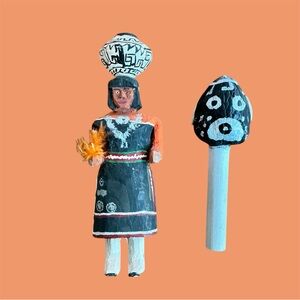 Native American Hand Carved Kachina Doll & Walnut Rattle Set - probably Hopi